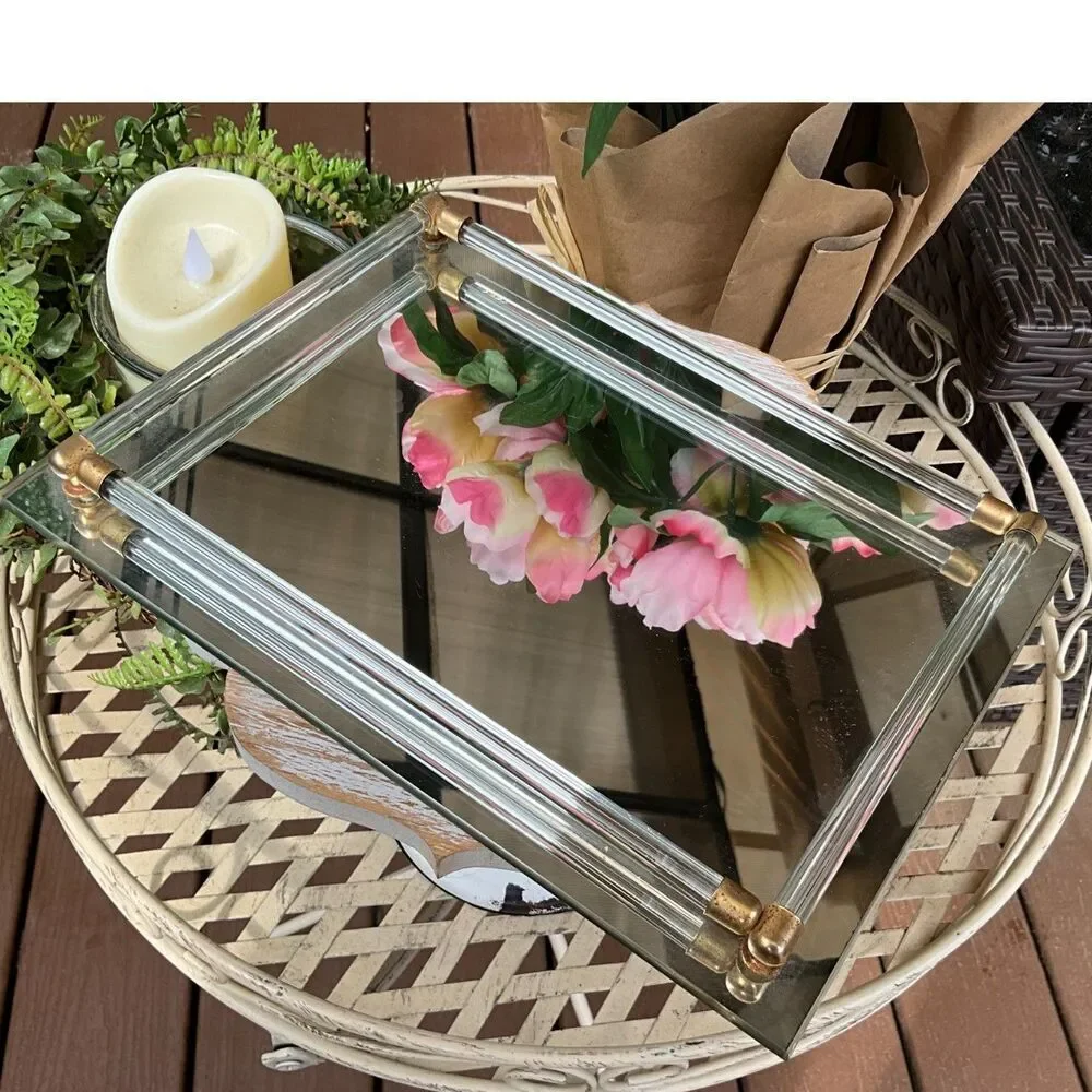 Vintage vanity mirror tray with clear glass tubes Hollywood Regency MCM
